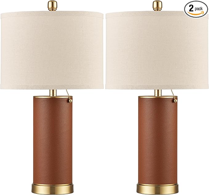 KDG 23.4" Brown PU Leather Table Lamps for Living Room Set of 2, 3 Level Brightness LED Modern Home Decor Fabric Lampshade Desk Lamp Lighitng for Bedroom, Bedside, Farmhouse, Nightstand, Night Light - Bloomnest