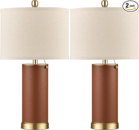 KDG 23.4" Brown PU Leather Table Lamps for Living Room Set of 2, 3 Level Brightness LED Modern Home Decor Fabric Lampshade Desk Lamp Lighitng for Bedroom, Bedside, Farmhouse, Nightstand, Night Light - Bloomnest