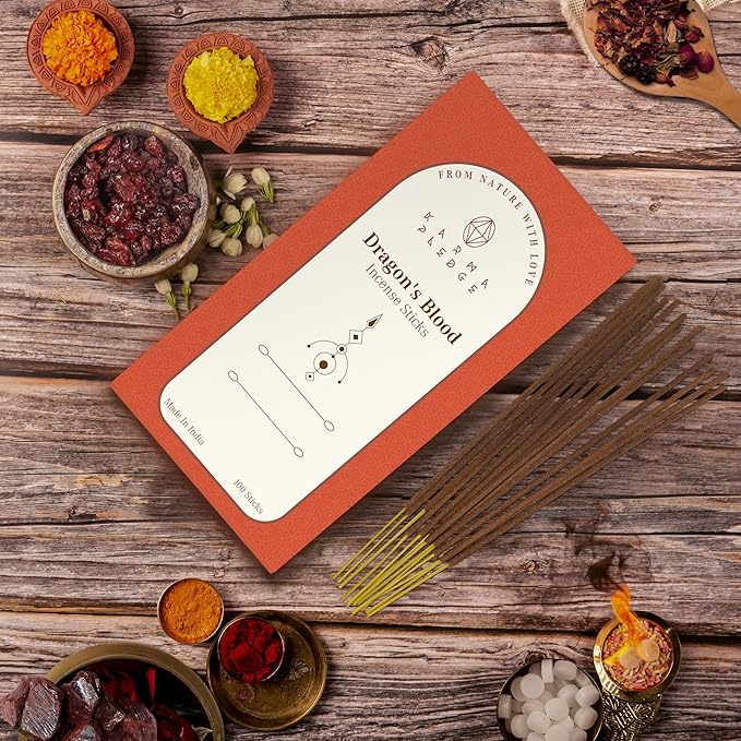 Dragons Blood Incense Sticks, Organic Hand Dipped 100 Sticks with Natural Herbs & Aromatic Ingredients, Burn Time 45 to 60 Minutes, Incense for Positivity, Yoga, Meditation, Relaxation, Spiritual Gift KARMAPLEDGE