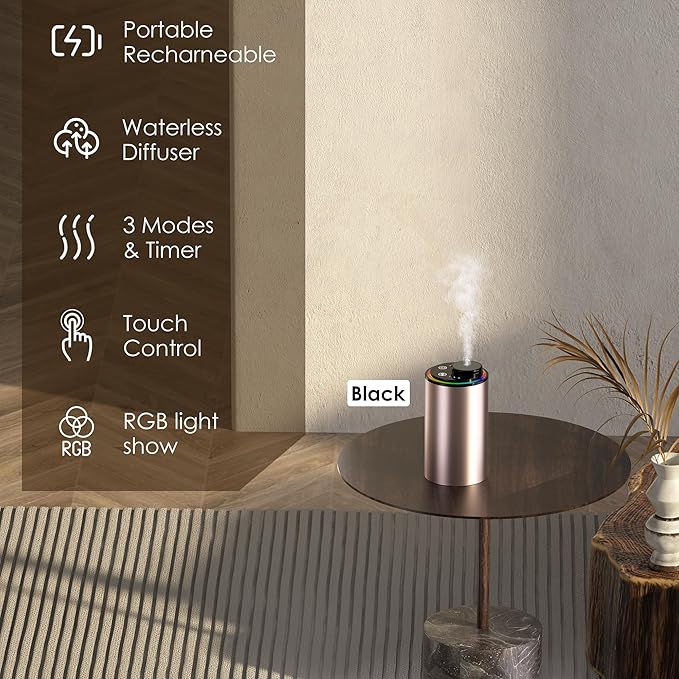 Waterless Essential Oil Diffuser, Portable Aromatherapy Diffuser,3 Countdown Timers & 3 Mist Levels for Home, Room, Car, Office - Bloomnest