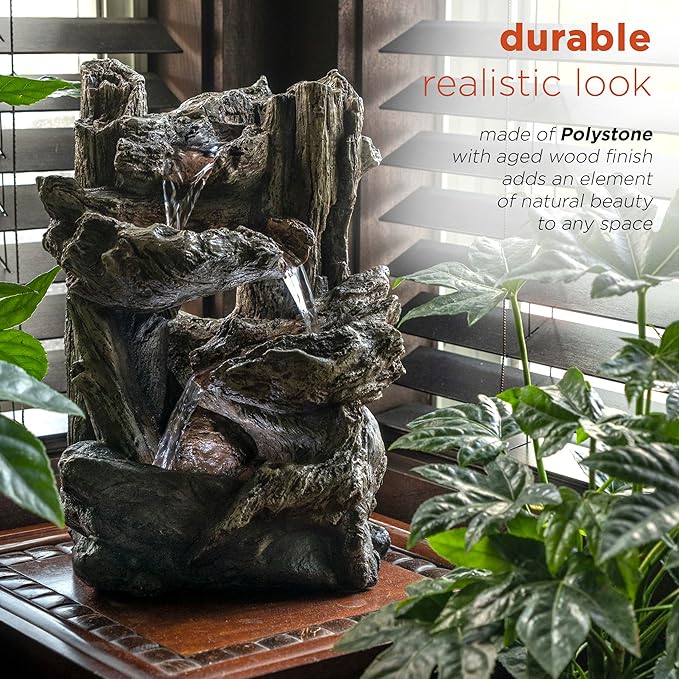 Alpine Corporation | 14"H Indoor Tiered Log Tabletop Fountain with LED Lights — Cascading Waterfall Design Creates Relaxing Ambiance for Home & Office Décor - Bloomnest