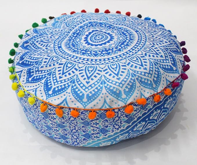 INDIAN CRAFT CASTLE ICC Mandala Barmeri Large Floor Pillow Cover Cushion Meditation Seating Ottoman Throw Cover Hippie Decorative Zipped Bohemian Pouf Ottoman Cases Blue Ombre 16" Round - Bloomnest