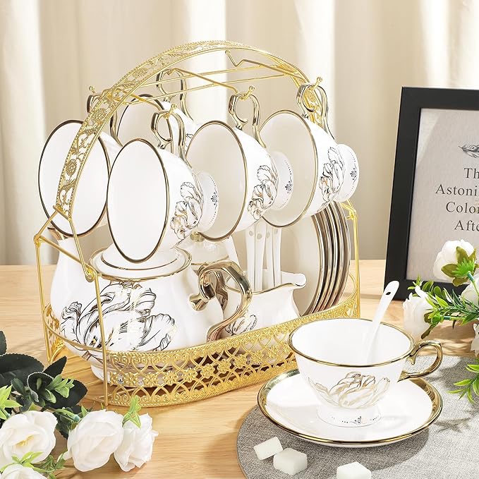 fanquare British Porcelain Tea Coffee Set 22 Piece New Bone China Gold Tulip Tea Service for Afternoon Tea, 6 TeaCup and Saucers with Metal Holder for Home Wedding Birthday - Bloomnest
