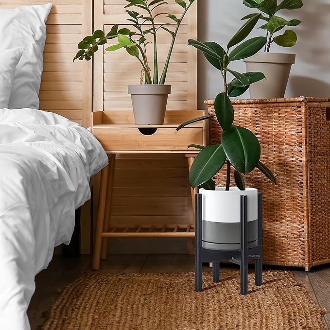 D'vine Dev Ceramic Planter with Ebony Stand - 8 Inch Modern Round Flower Pot with Wood Planter Holder, White/Grey, 55-B-M-6 - Bloomnest