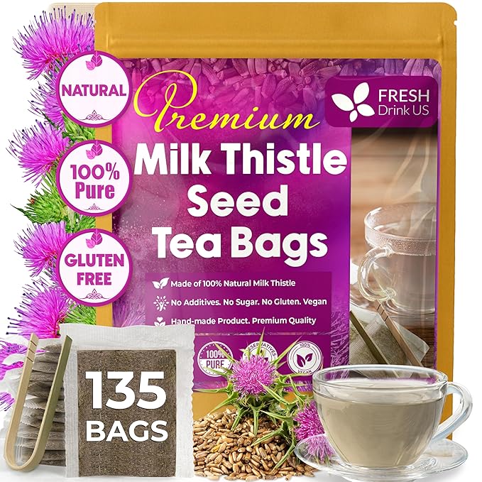 FreshDrinkUS, Premium 135 Milk Thistle Tea Bags, 100% Natural & Pure from Milk Thistle Seeds. Milk Thistle Seed Herbal Tea. Made with Natural Material Tea Bags. No Sugar, No Caffeine, No Gluten, Vegan. - Bloomnest