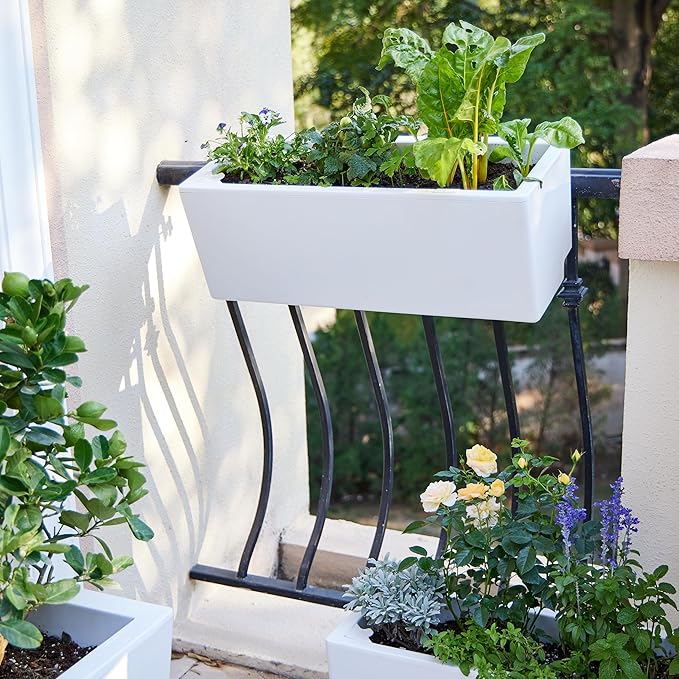 Glowpear Self Watering Railing Planter Box - 23.6", White - UV Stable, Scalable Plant Pot with Water Gauge, Indoor Outdoor for Vegetables, Flowers, Herbs, and Succulents - Bloomnest