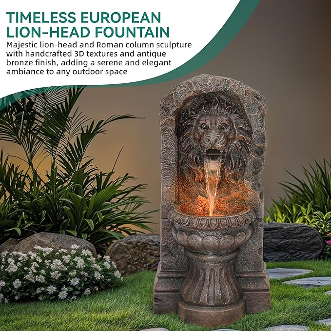 30in Outdoor Water Fountain with LED Lights, Majestic Bronze Lion Sculpture Garden Fountain, 2-Tier Pedestal Waterfalls, Durable Resin Water Feature for Yard, Patio or Porch Decor