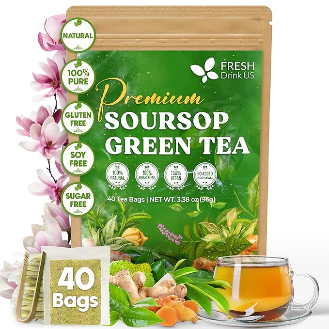 FreshDrinkUS, Premium 40 Tea Bags Soursop Green Tea, 100% Natural & Proprietary Blend from Soursop Leaves and Green Tea. Smooth Flavor. Made with Eco-Conscious Tea Bags. No Additives No Sugar, Vegan. - Bloomnest