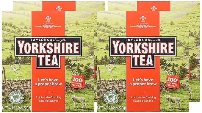 Yorkshire Tea, Red, Black Tea, String and Tagged Bags, 100 Count (Pack of 4), Refreshing, Satisfying, and Strong, Classic British Breakfast Blend, Caffeinated, Enjoy Hot or Iced, 400 Teabags Total - Bloomnest
