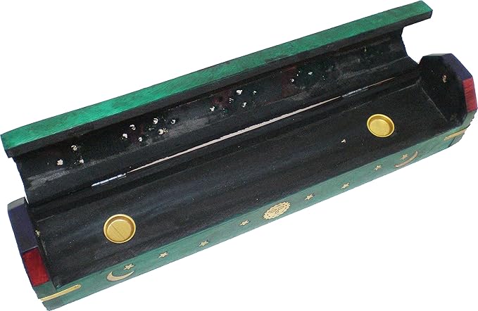 New Age Carved Coffin Celestial Brass Inlay Ash Catcher Incense Stick & Cone Holder [12"] - ID#142001 - Bloomnest