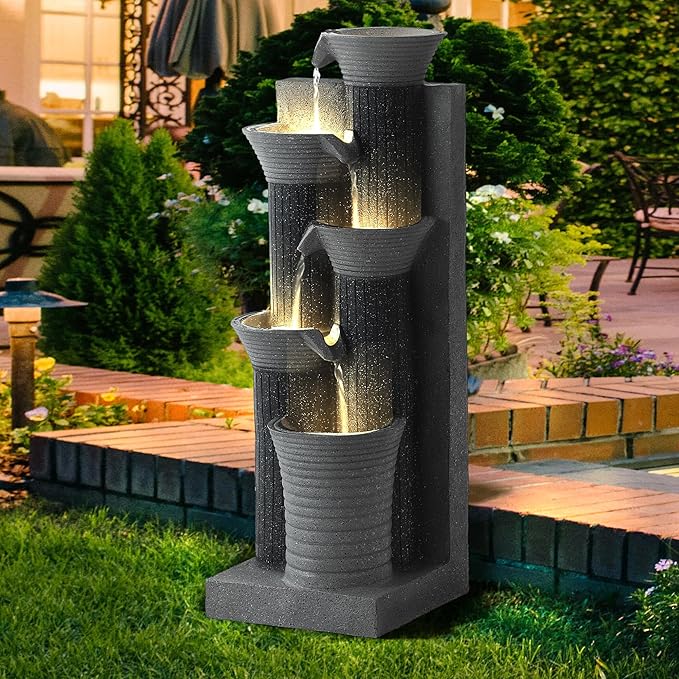 MAGIC UNION Outdoor Water Fountain, 5 Tiers Cascading Waterfall Indoor Water Feature Garden Decor with LED Lights, Patio Resin Fountains for Yard, Deck, Porch and Home, Bamboo Element (Gray) - Bloomnest
