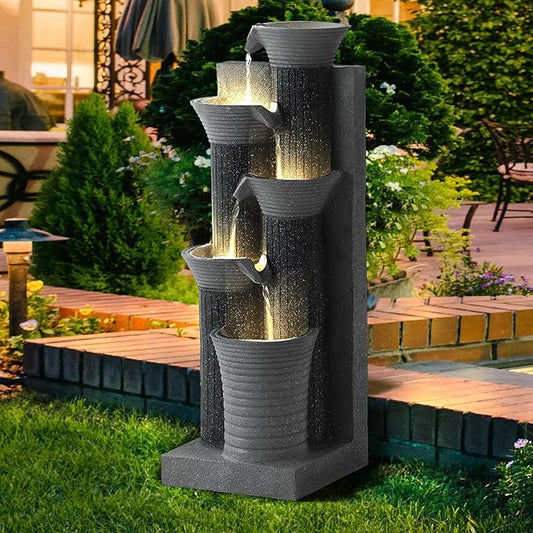 MAGIC UNION Outdoor Water Fountain, 5 Tiers Cascading Waterfall Indoor Water Feature Garden Decor with LED Lights, Patio Resin Fountains for Yard, Deck, Porch and Home, Bamboo Element (Gray) - Bloomnest