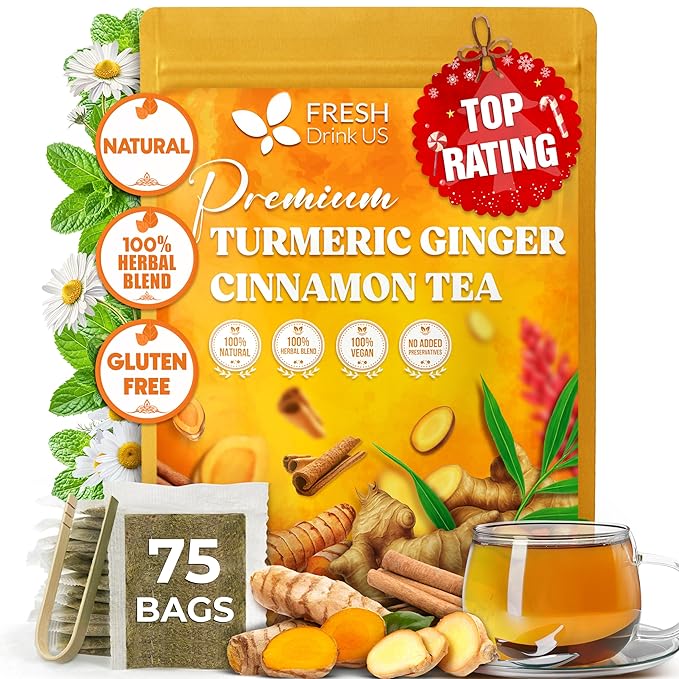 FreshDrinkUS, Premium Turmeric Ginger Cinnamon Tea Bags | 75 Tea Bags | Herbal Spice Tea Blend, Naturally Caffeine Free, Warm & Aromatic Flavor, 100% Natural Ingredients, Convenient Tea Bags - Bloomnest