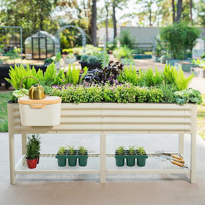 Elevated Raised Garden Bed-V Series, 2' x 6' Garden Beds with Legs & Storage Rack for Patio Porch, 1000 Lbs Weight Capacity, Outdoor Planter Boxes for Gardening Herbs Vegetables Flowers, Pearl White - Bloomnest