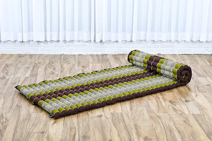 Leewadee - Foldable Floor Mattress - Japanese Roll Up Futon -Trifold Tatami Mat- Guest Floor Bed - Camping Mattress - Thai Massage Mat, Kapok Filled, 75 x 28 inches, Brown Green - Bloomnest