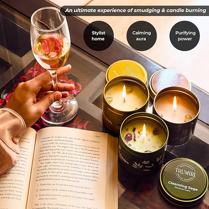 Cleansing Sage, Palo Santo, Money Wealth - Soy Candles Non Toxic - Highly Scented Long Lasting with Essential Oils - Variety Pack of 3 x 5oz - for Home Aromatherapy Meditation Gift Travel TRUMIRI