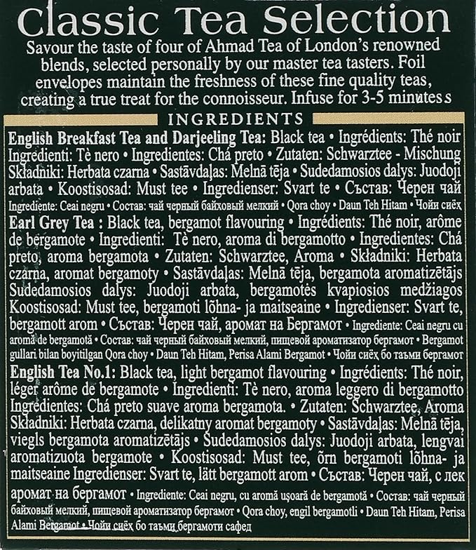 Ahmad Tea Black Tea, Classic Selection Pack Teabags, 4 Teas Earl Grey, English No.1, Darjeeling, & English Breakfast, 20 ct Teabags (Pack of 1) - Caffeinated & Sugar-Free - Bloomnest