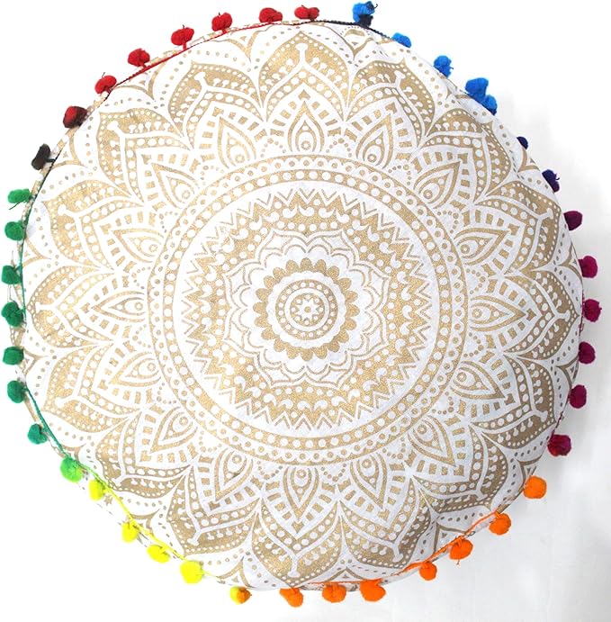 INDIAN CRAFT CASTLE ICC Mandala Barmeri Large Floor Pillow Cover Cushion Meditation Seating Ottoman Throw Cover Hippie Decorative Zipped Bohemian Pouf Ottoman Cases White Gold, 24" Round - Bloomnest