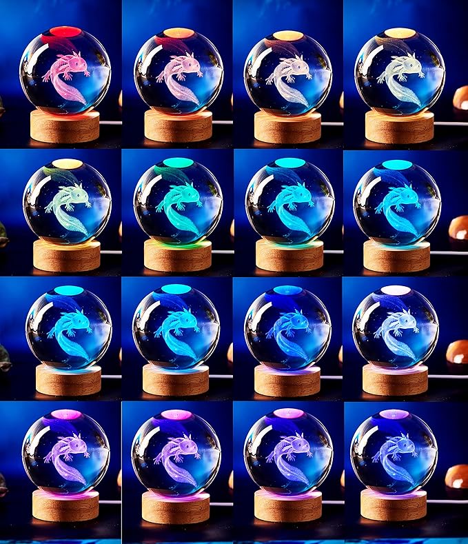 Axolotl Lamp,3.15 inch Axolotl Crystal Ball Lamp,Upgraded 3D K9 Axolotl Crystal Ball Night Light with Wooden Base,16 Colors Change with Remote Control, Axolotl Glass Ball Lamp,Axolotl Gift (E) - Bloomnest
