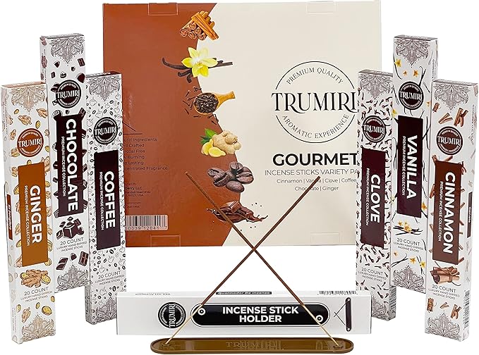 Gourmet Incense Sticks Variety Pack - 120 Insence-Sticks (6 Incents x 20 Insense) - Cinnamon Vanilla Coffee Chocolate - Natural Inscents-Sticks Non Toxic Inciensos + Incense Holder for Fall Christmas - Bloomnest