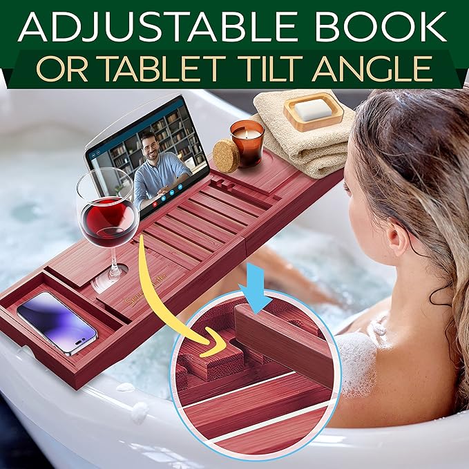SereneLife Premium Bathtub Tray Caddy with Gift Box and Bow Set, Expandable Bath Tray, Unique House Warming Gifts for Mom, Women, Wedding, Anniversary, Bridal Shower, Fit for All Tub - Stain Brown - Bloomnest