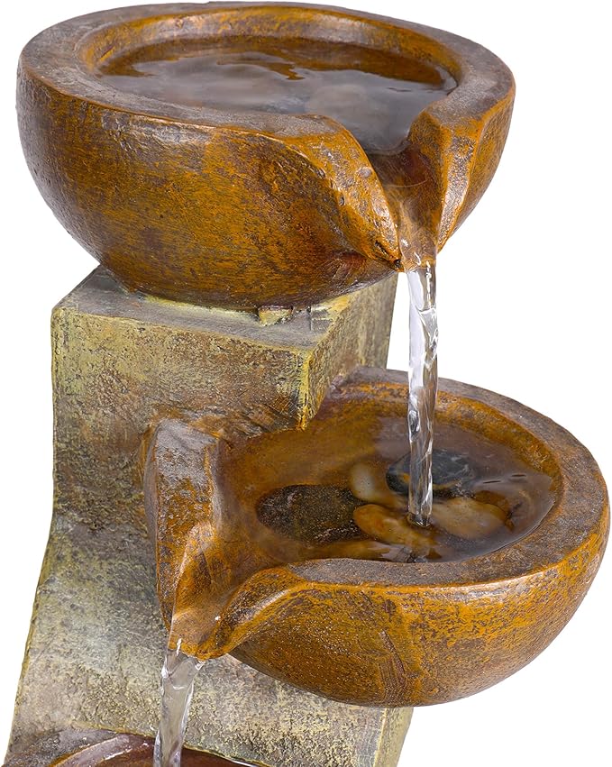 Alpine Corporation WCT726 Indoor/Outdoor Tabletop Tiered Pouring Pots Waterfall Fountain with Natural Stone Look, 16", Brown - Bloomnest