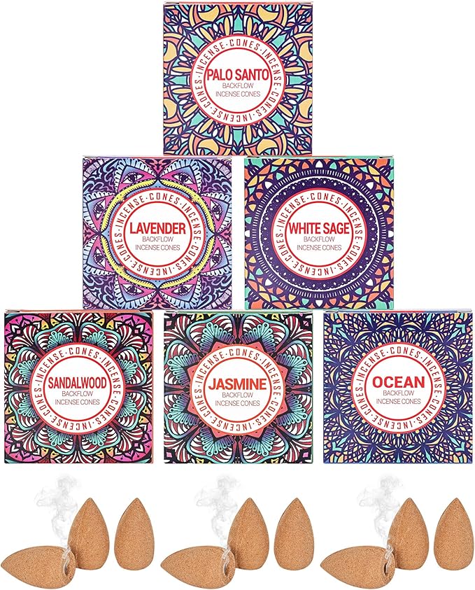 Backflow Incense Cones - 6 Mixed Natural Scents - Sandalwood, Lavender, Jasmine, Ocean, White Sage, Palo Santo, for Purification, Relaxation, Yoga, Meditation Pavocristatus