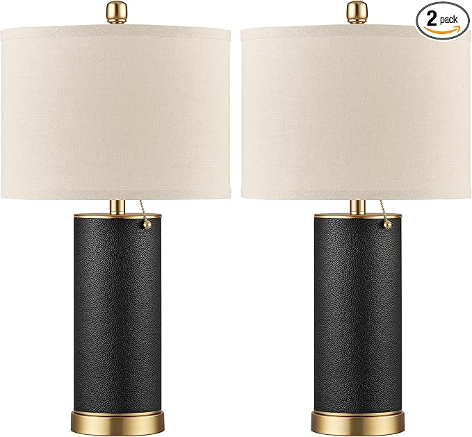 KDG 23.4" Black PU Leather Table Lamps for Living Room Set of 2, 3 Level Brightness LED Modern Home Decor Fabric Lampshade Desk Lamp Lighitng for Bedroom, Bedside, Farmhouse, Nightstand, Night Light - Bloomnest