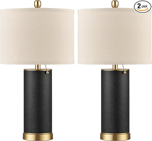 KDG 23.4" Black PU Leather Table Lamps for Living Room Set of 2, 3 Level Brightness LED Modern Home Decor Fabric Lampshade Desk Lamp Lighitng for Bedroom, Bedside, Farmhouse, Nightstand, Night Light - Bloomnest