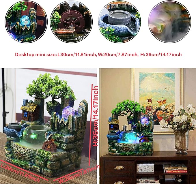 Tabletop Waterfall Fountain Humidifier with LED Light and Atomizer, Water Fountains Indoor Home Decor or est Festival Birthday Surprise for Boys, 14 Inch Desktop Small Mini Bonsai - Bloomnest