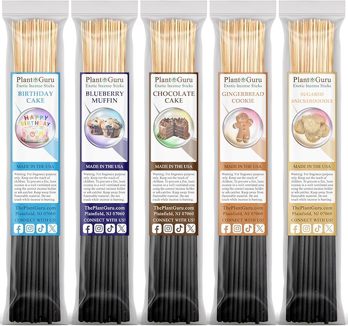 Bakery Incense Sticks Variety Set Bulk 500 Pack Sampler 11" Sticks - 5 Bundles of 100 Sticks Per Bundle. Birthday Cake, Blueberry Muffin, Chocolate Cake, Gingerbread Cookie and Sugared Snickerdoodle.