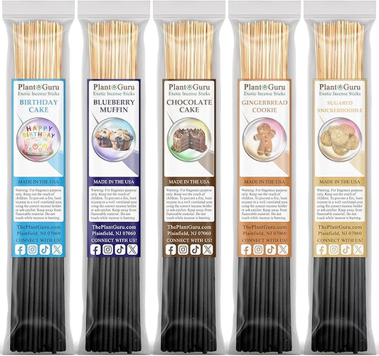 Bakery Incense Sticks Variety Set Bulk 500 Pack Sampler 11" Sticks - 5 Bundles of 100 Sticks Per Bundle. Birthday Cake, Blueberry Muffin, Chocolate Cake, Gingerbread Cookie and Sugared Snickerdoodle.