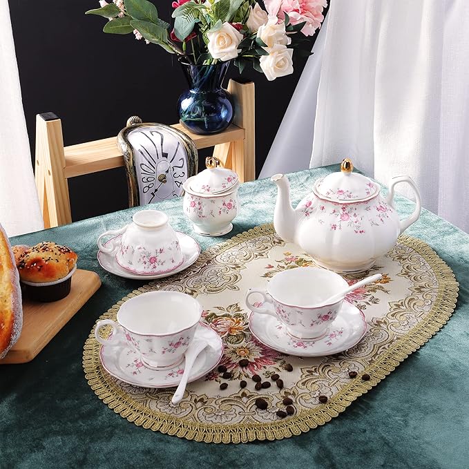 fanquare Vintage Porcelain Tea Set for Women Tea Party, Cup and Saucer Set for 6, Wedding Floral Teapot Set for Adults, Pink Rose - Bloomnest