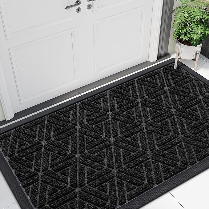 Smiry Front Door Mat Outside Entrance, Heavy Duty Sturdy Natural Rubber Doormat, Trap Dirt and Moisture, Easy Clean Low Profile Mats for Indoor Outdoor Entry, Grid Geometric (47x24, Black) - Bloomnest