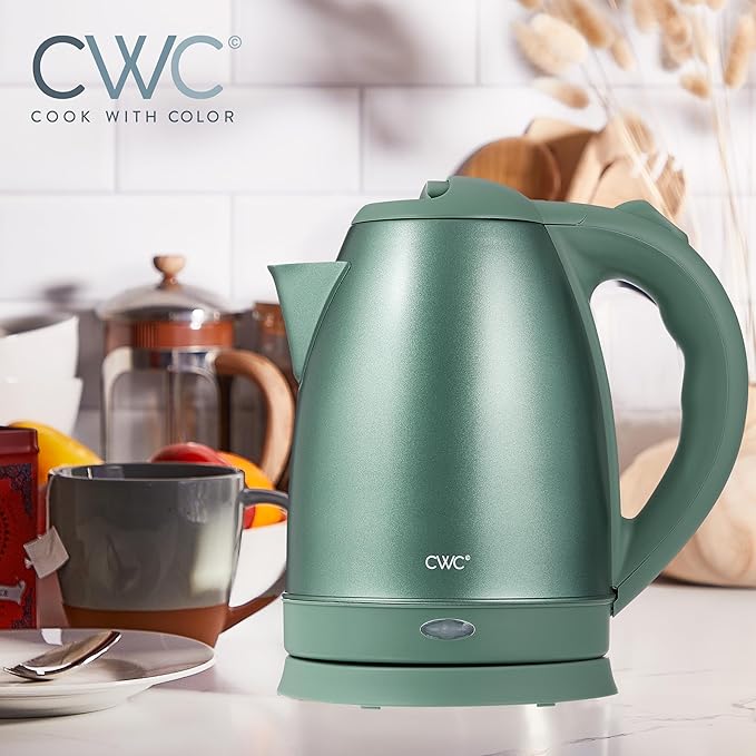 COOK WITH COLOR Electric Kettle - Rapid Boil, Sleek Design, and Safety Features - Great for Quick and Easy, Stainless Steel Sage, 1.7 Liters - Bloomnest