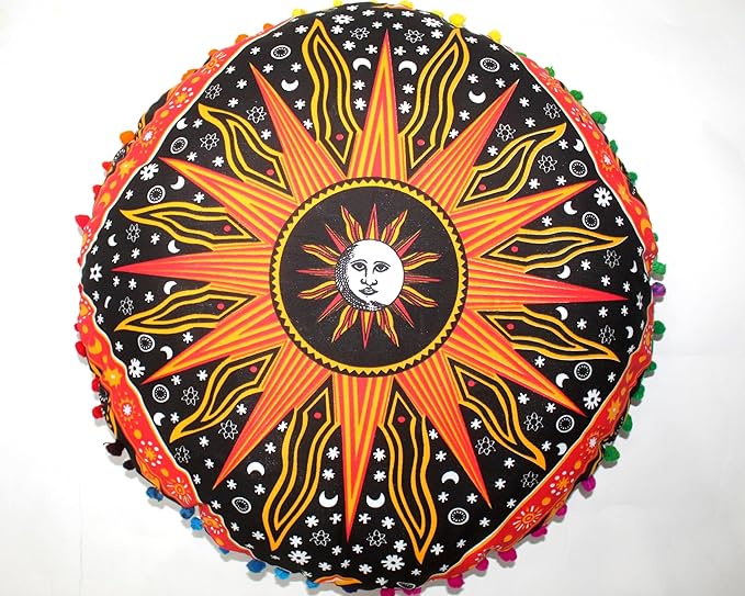 CRAFT KALA Large Round Bohemian Floor Pillow Pouf Cover Mandala Meditation Room Pillow Cover for Adults Boho Seating Poufs Cushion Cover for Kids Playroom 32" Round Orange Burning Sun - Bloomnest