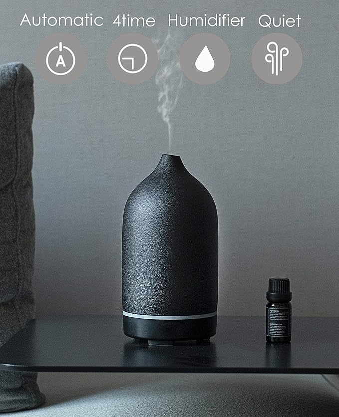 Essential Oil Diffuser,Handcrafted Ceramic Diffuser for Home,Ultrasonic Cool Mist Air Diffuser, 9 Colors Night Light with Timer (Black) - Bloomnest