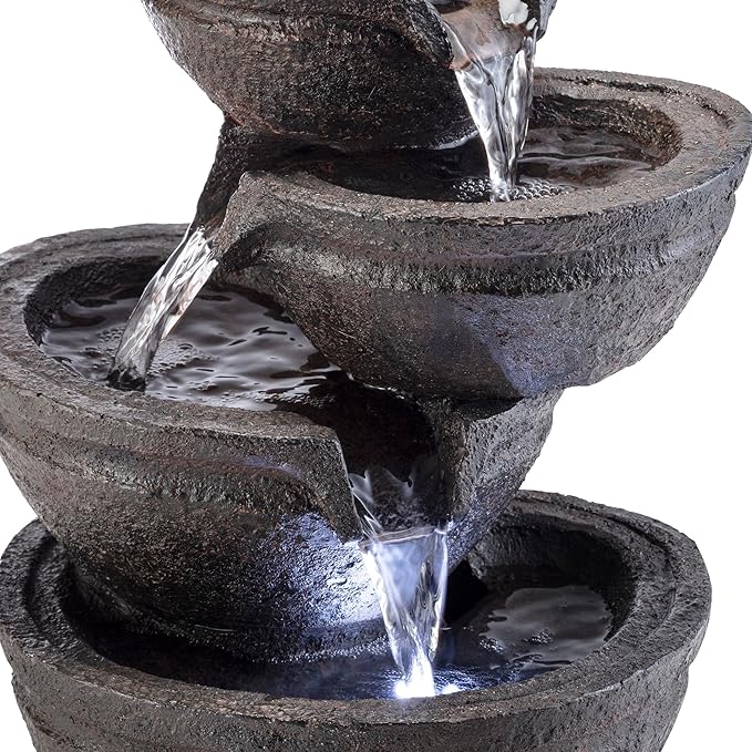 Alpine Corporation WIN1138 13" Indoor Tabletop Tiering Bowls Water Fountain with LED Lights – Cascading Water Feature for Home, Office, Meditation, and Relaxation, Dark Gray - Bloomnest