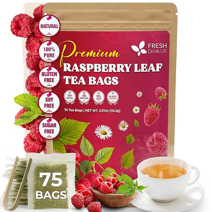 FreshDrinkUS, 75 Bags Premium Raspberry Leaf Teawith Chamomile Flavor, Eases Menstrual Cramps & Supports Healthy Pregnancy, Naturally, Caffeine-Free, Sugar Free, Vegan - Bloomnest