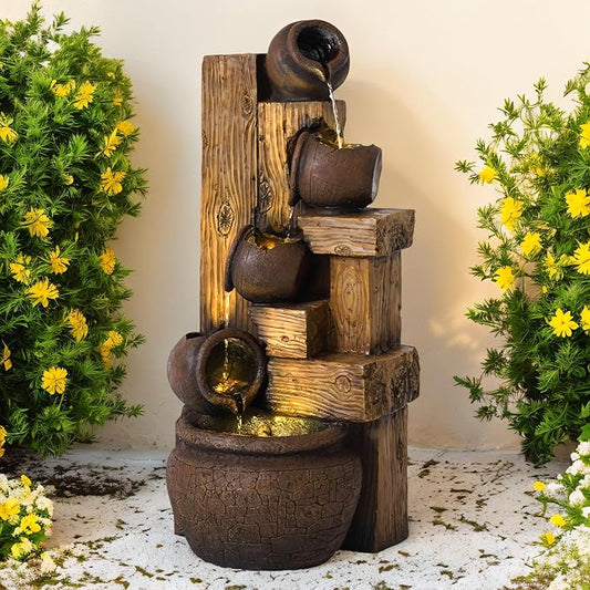 5-Tiered Garden Waterfall Fountain Outdoor - 40''H Water Fountains and Waterfalls, Large Outdoor/Indoor Floor Standing Resin Water Fountain with LED Light for Patio, Garden and Home (Brown) - Bloomnest