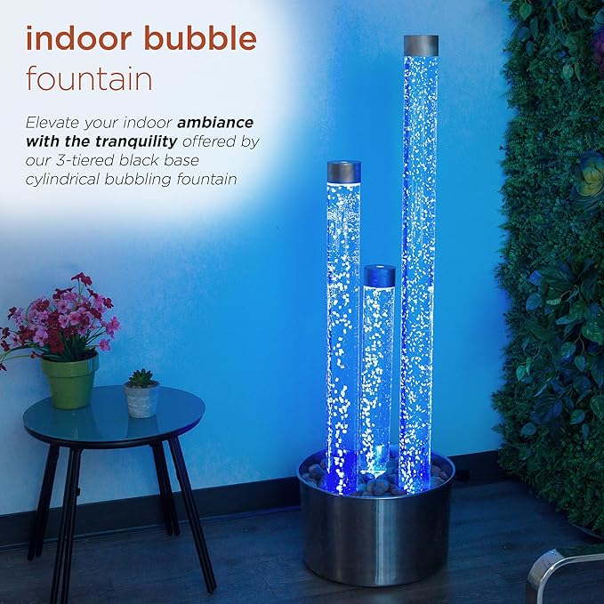 Alpine Corporation MLT166SL 3 Tier Indoor and Outdoor Water Acrylic Bubble Fountain for Home, Office, and Patio Decor, with Remote and 16 Color LED Lights, 54", Silver Base - Bloomnest