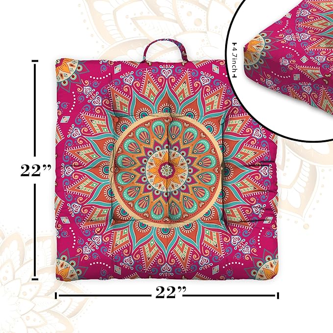 Mandala Meditation Cushion, Boho Meditation Mat, Meditation Pillows for Sitting on Floor, Cushions for Sitting in Home and Outdoor, Square Floor Pillows Cushion Seating for Yoga 22'' X 22'' - Bloomnest