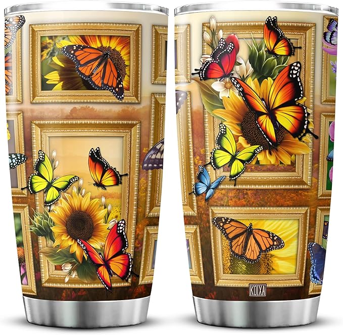 Sunflower Print Tumbler 20 Oz Monarch Butterfly Coffee Cup With Lid Butterflies Sunflowers Gifts For Women Birthday Present Stainless Steel Mug Vintage Floral Flowers Animals - Bloomnest