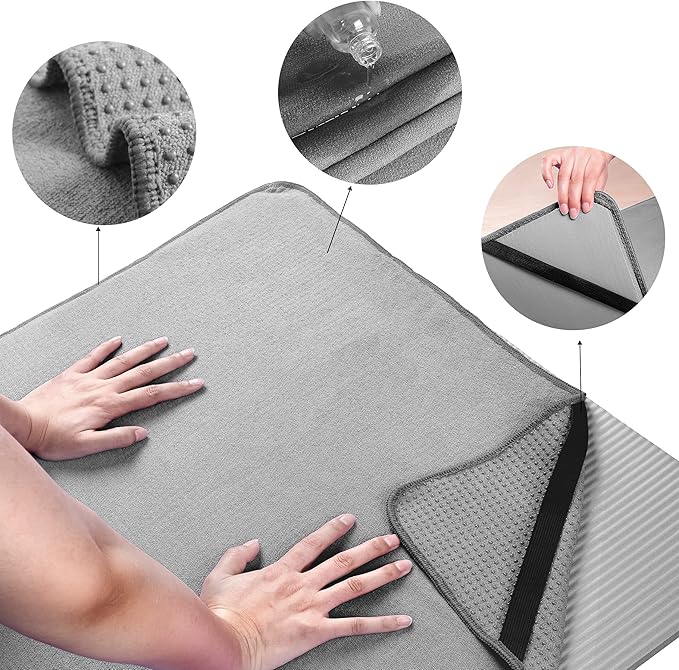 POLYTE Microfiber Hot Yoga Towel Mat with Non-Slip Silicone Grip and Secure Fit Elastic Straps, 24 x 72 in (Gray) - Bloomnest