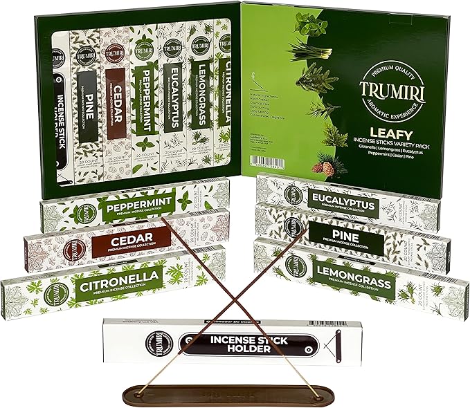 Leafy Incense Sticks Variety Pack - 120 Insence-Sticks (6 Incents x 20 Insense) - Citronella Lemongrass Eucalyptus Peppermint Pine Cedar - Natural Inscents-Sticks Non Toxic Inciensos + Incense Holder - Bloomnest