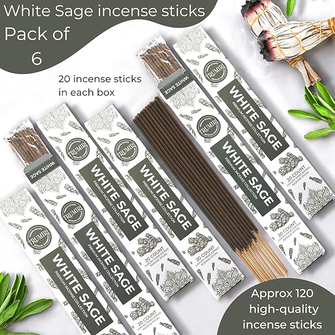White Sage Incense Sticks for Cleansing - Total 120 Insence-Sticks - 6 Packs of 20 Insense - Inciensos - Inscents - Natural Non Toxic Ingredients - Incents - Incence - Inscense - Insents TRUMIRI