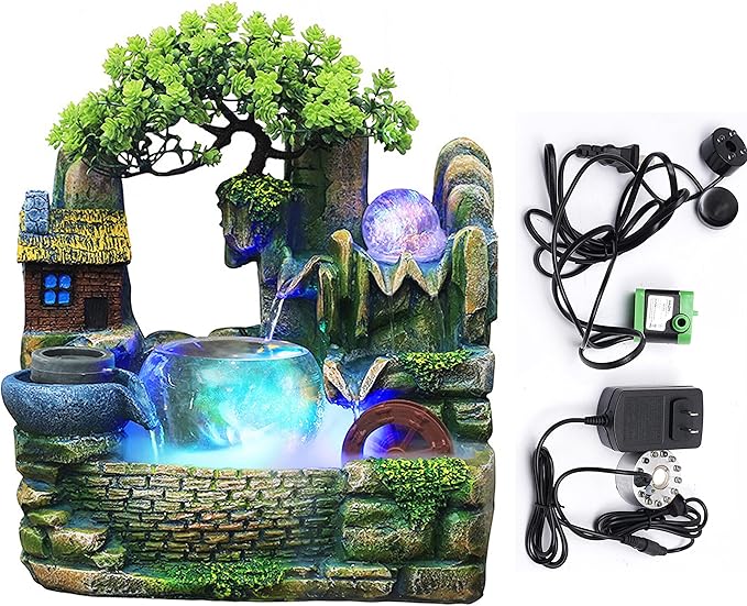 Tabletop Waterfall Fountain Humidifier with LED Light and Atomizer, Water Fountains Indoor Home Decor or est Festival Birthday Surprise for Boys, 14 Inch Desktop Small Mini Bonsai - Bloomnest