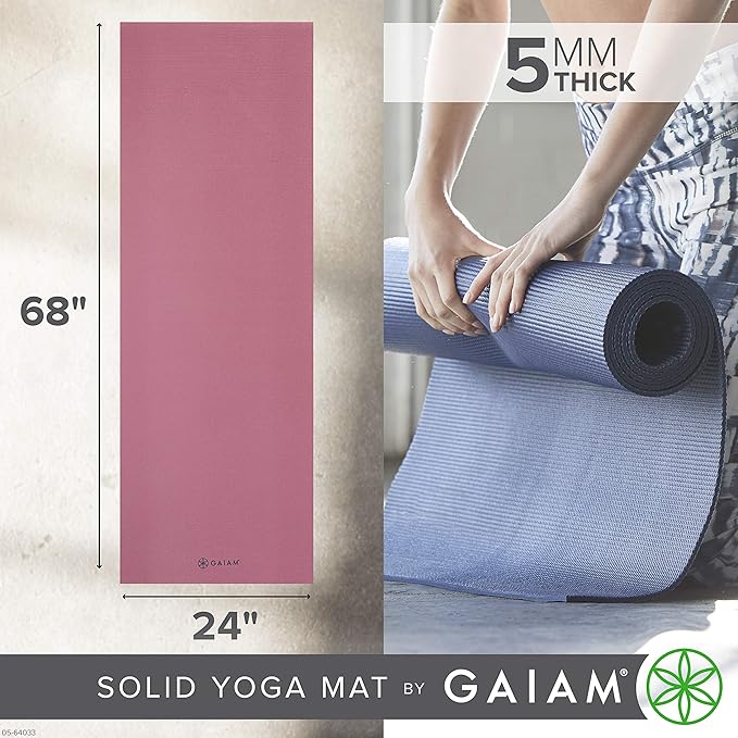 Gaiam Yoga Mat - Premium 5mm Solid Thick Non Slip Exercise & Fitness Mat for All Types of Yoga, Pilates & Floor Workouts (68" x 24" x 5mm) - Bloomnest