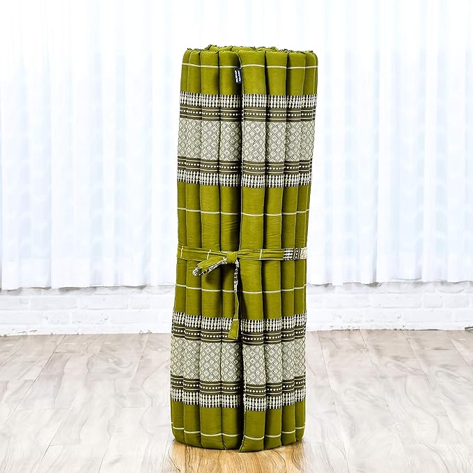 Leewadee - Kapok Roll Mat – Handcrafted Folding Sleep & Relaxation Mattress from Thailand, Ideal as Guest Bed, Camping Mat, Yoga Mat or Traditional Futon, 75 x 39 inches, Green - Bloomnest
