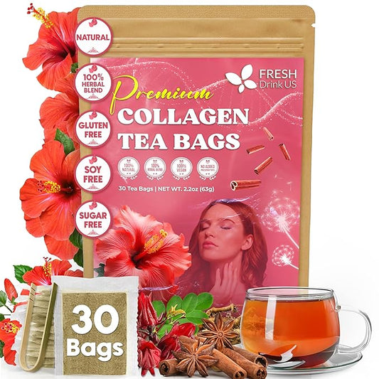FreshDrinkUS, Premium Collagen Herbal Tea – 30 Tea Bags | Cinnamon Stick, Hibiscus, Dandelion Root, Moringa Leaves, Rose Hip, Ginger, Fennel Seed, Boswellia | Caffeine-Free, Natural Flavorful Blend - Bloomnest